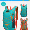 A teal outdoor backpack with orange accents shown in various views.
