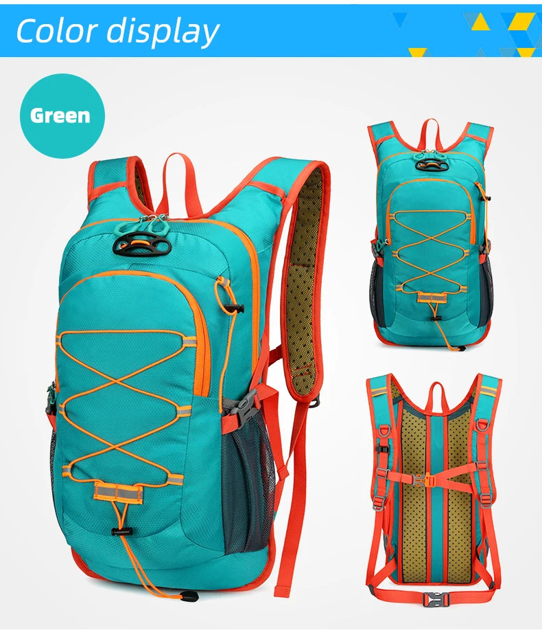 A teal outdoor backpack with orange accents shown in various views.