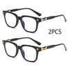 A pair of black square blue light blocking glasses shown in two views, with a separate pair included.