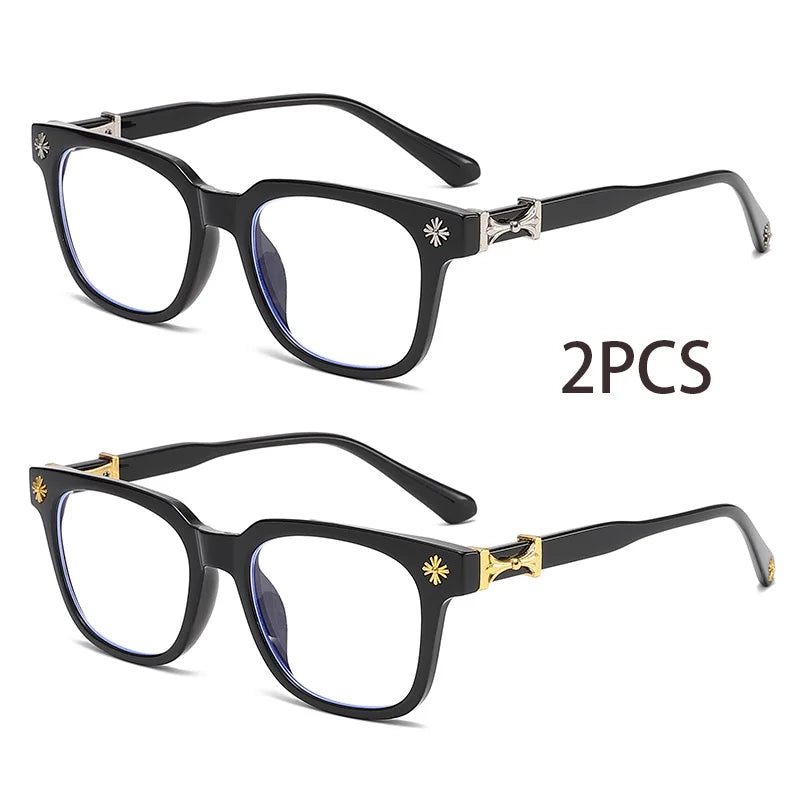 A pair of black square blue light blocking glasses shown in two views, with a separate pair included.