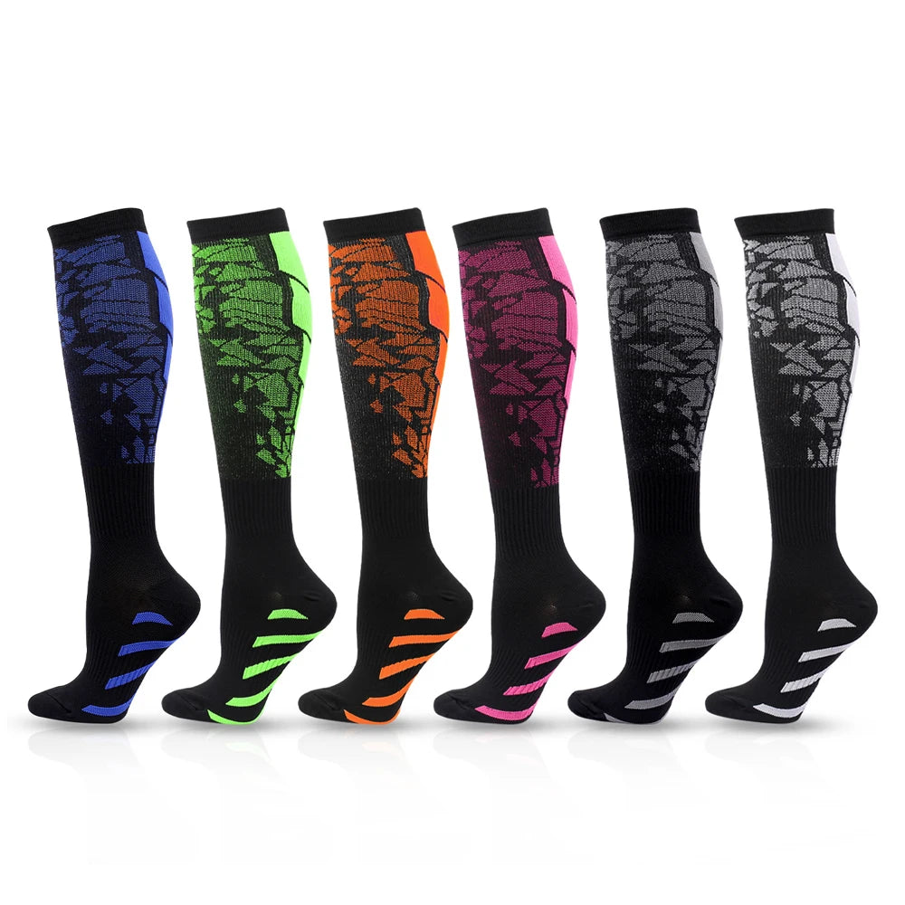 A row of nine multi-use sport compression socks in various colors including blue, green, orange, and pink.