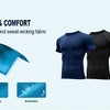 A set of men's performance compression t-shirts in dark blue, black, and white, demonstrating sweat-wicking, drying, and brea