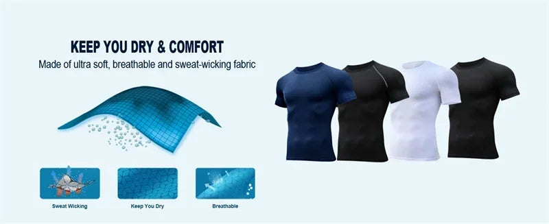 A set of men's performance compression t-shirts in dark blue, black, and white, demonstrating sweat-wicking, drying, and brea