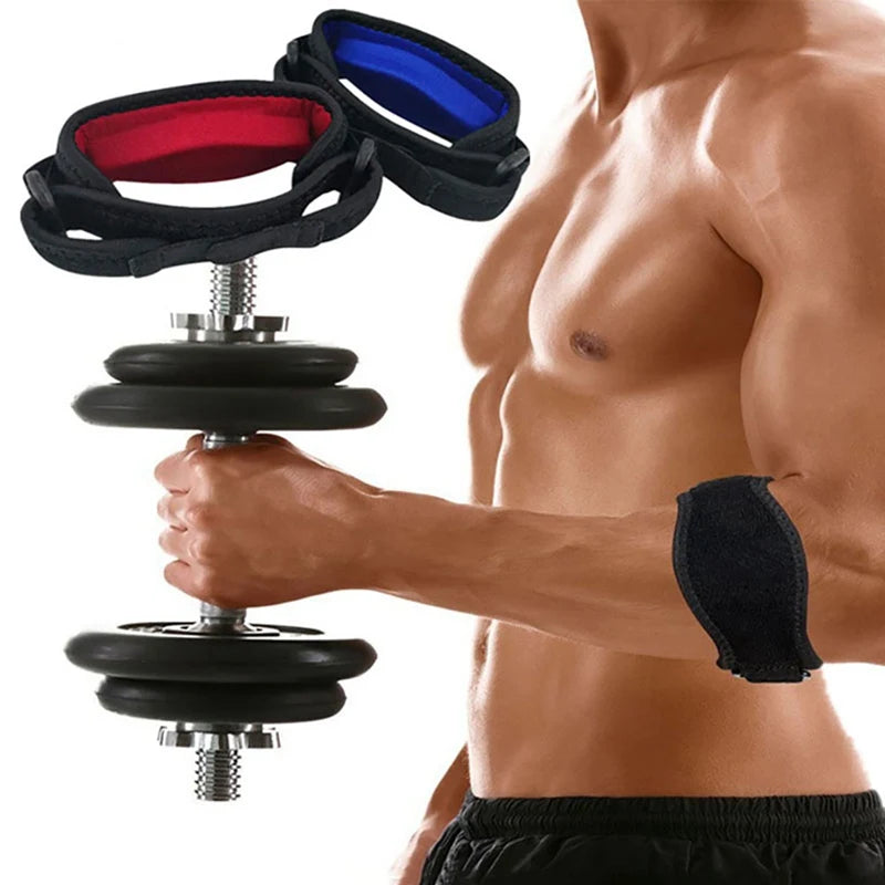 A hand is holding a black tennis elbow support brace, demonstrating its use for pain relief.
