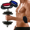 A hand is holding a black tennis elbow support brace, demonstrating its use for pain relief.