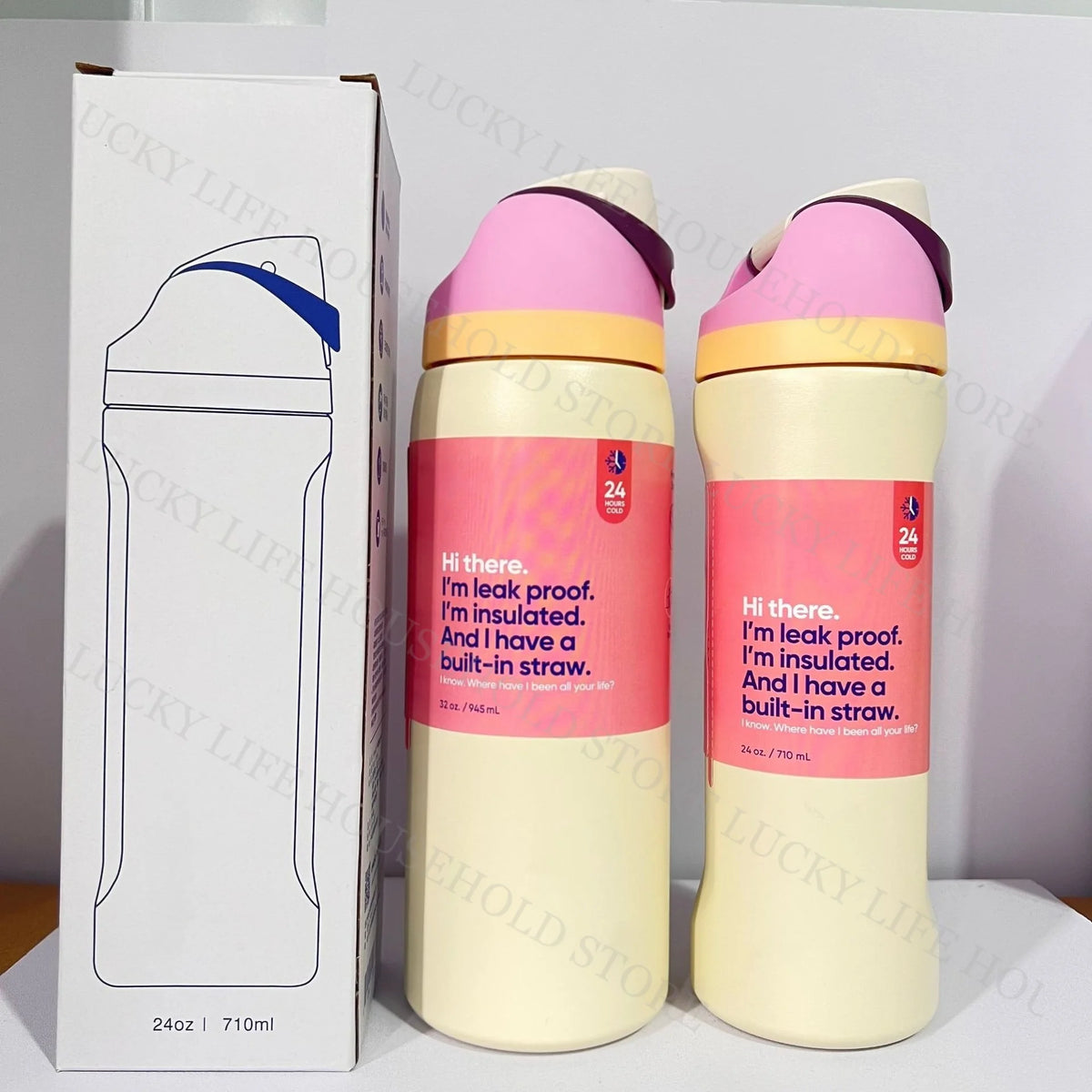 A light yellow insulated sports water bottle with a pink cap and label, shown next to its packaging box.