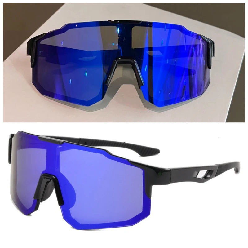 Ein Paar blaue polarisierte Sonnenbrillen in zwei Ansichten, eine auf einer weißen Fläche und eine getragen.