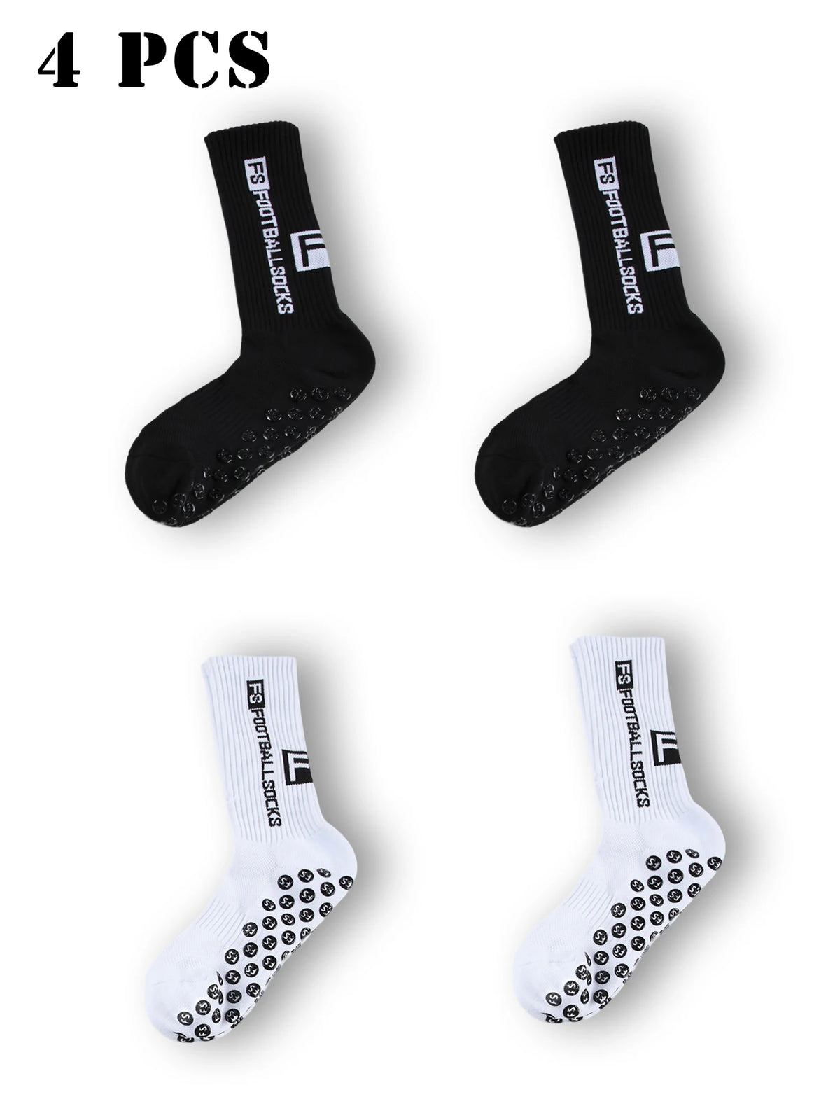 Four pairs of black and white men's athletic soccer socks with anti-slip grip