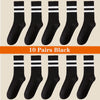 Ten pairs of black breathable cotton sport socks displayed in a row.
