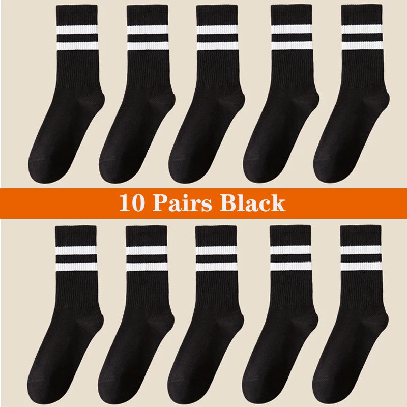 Ten pairs of black breathable cotton sport socks displayed in a row.