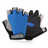 A pair of black and blue breathable anti-slip gym workout gloves shown against a white background.