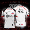 A white esports team jersey with black accents featuring the name PEYZ and sponsor logos on a dark background.