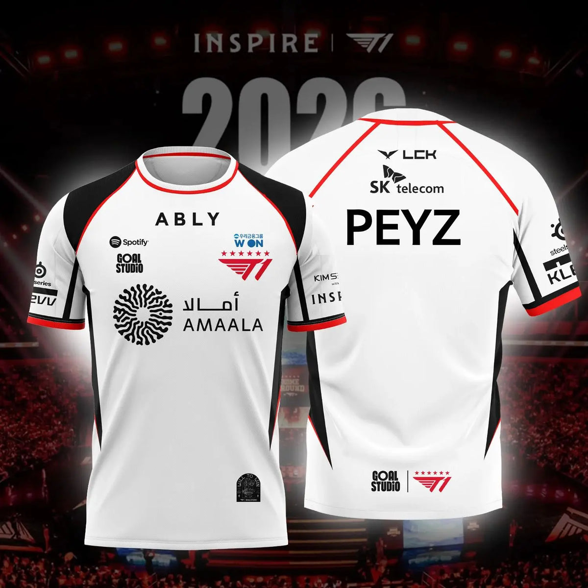 A white esports team jersey with black accents featuring the name PEYZ and sponsor logos on a dark background.