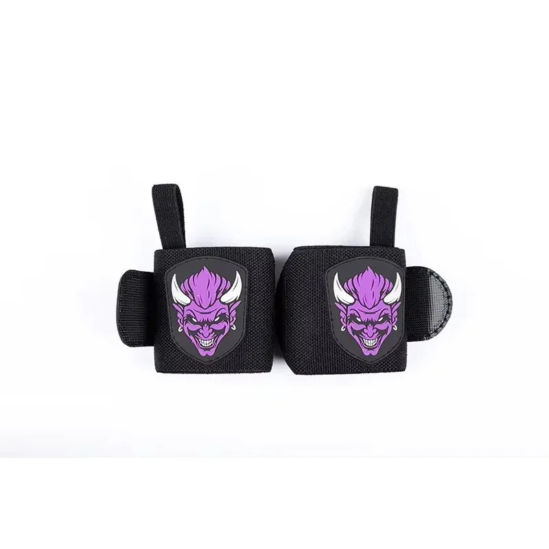 Un paire de poignées de gym noires avec un motif de tête de dragon violet.