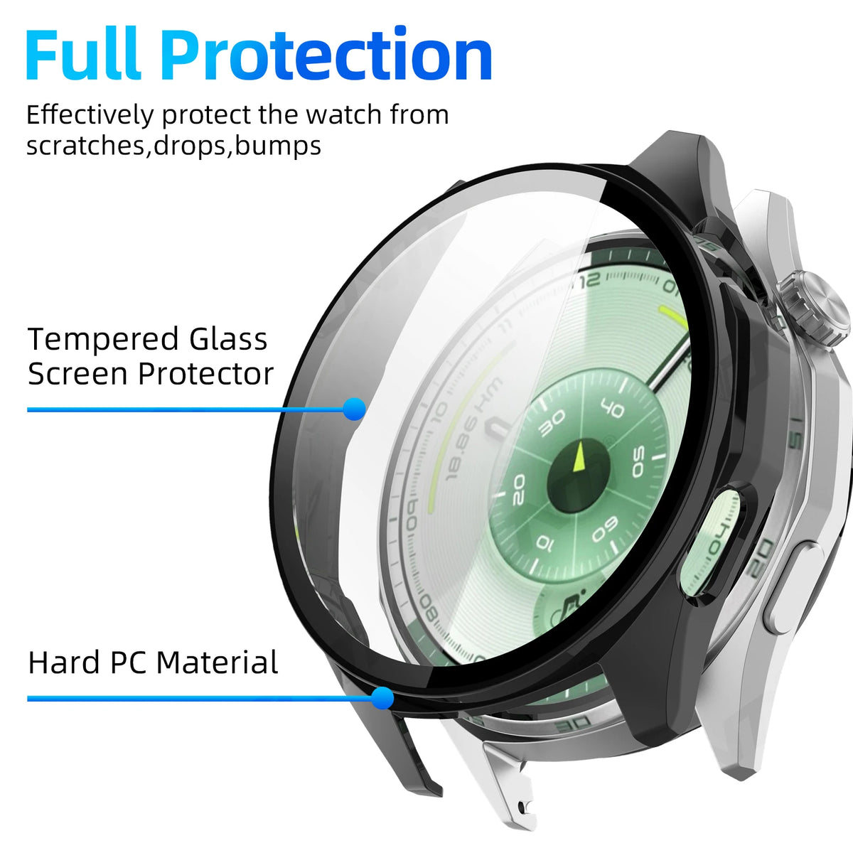 A close-up of a black smartwatch with a clear tempered glass screen protector installed, showing protection features.