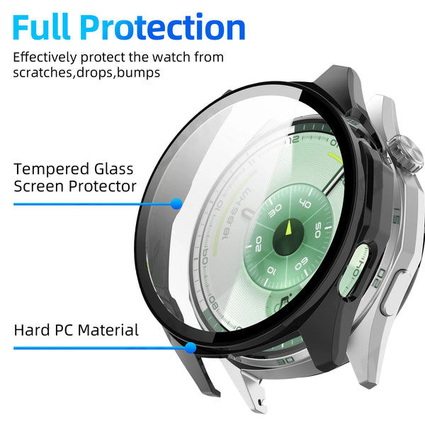 Gros plan d'une montre connectée noire avec un protecteur en verre trempé clair, montrant les fonctionnalités de protection.