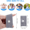 Pulsera gris antiemésica en la muñeca, con medidas y comparaciones por grupo de edad.
