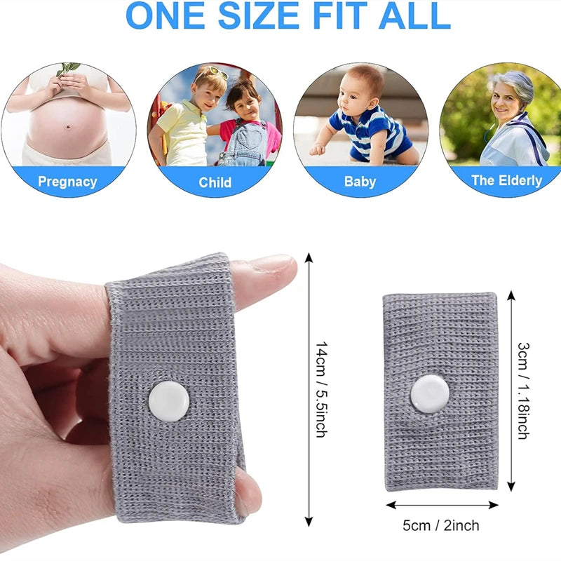 Pulsera gris antiemésica en la muñeca, con medidas y comparaciones por grupo de edad.