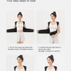 Instructions showing four steps for wearing an orthotic belt, including strap adjustment and fitting.