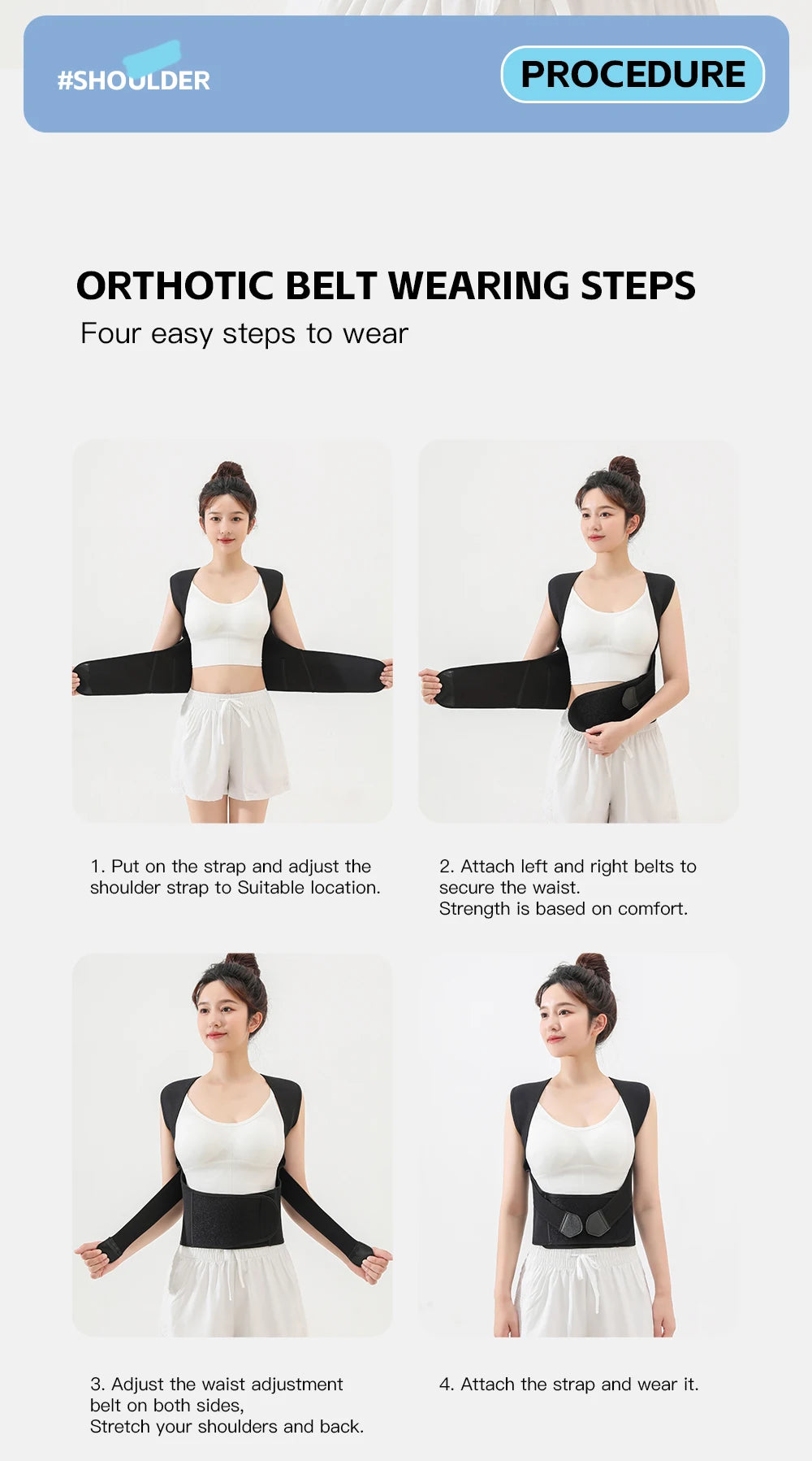 Instructions showing four steps for wearing an orthotic belt, including strap adjustment and fitting.