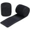 Black high-performance knee wraps rolled and laid out for strength training