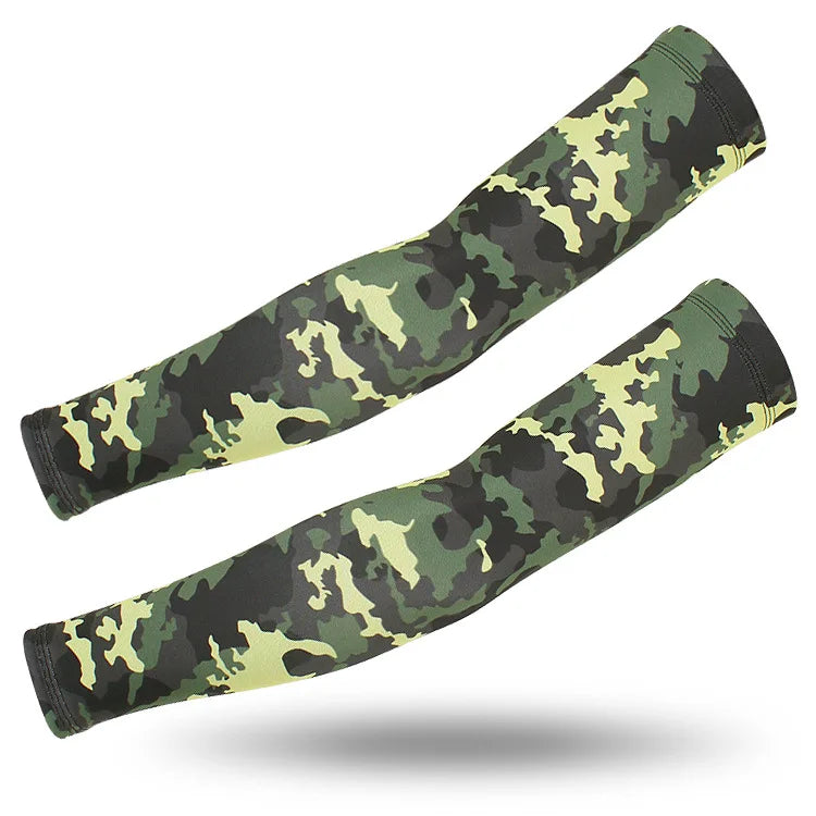 A pair of tactical camouflage arm sleeves displayed against a white background.