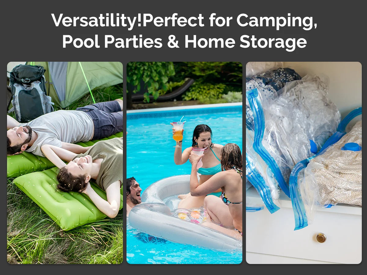 Portable electric air pump used for camping, pool parties, and home storage items like mattresses and floats.