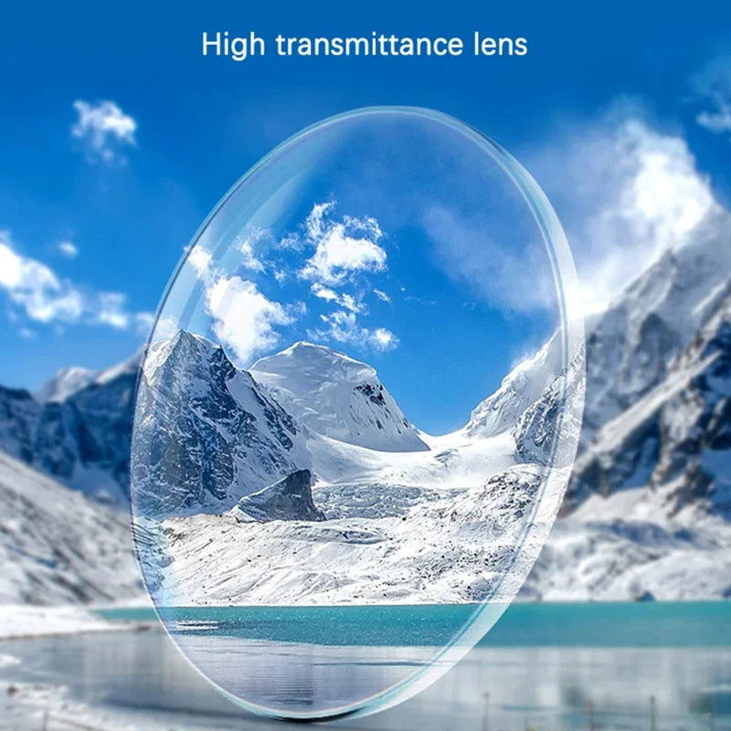A clear lens shows a snowy mountain landscape and blue sky, demonstrating high transmittance.