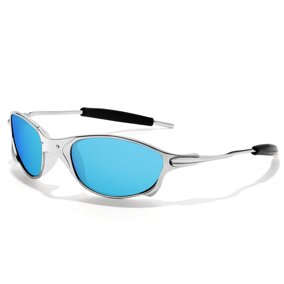 Silver metal frame polarized sunglasses with bright blue lenses and black temple grips