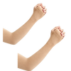 A pair of beige ice silk arm sleeves shown on a hand and forearm.