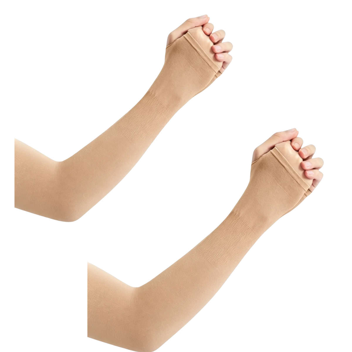 A pair of beige ice silk arm sleeves shown on a hand and forearm.