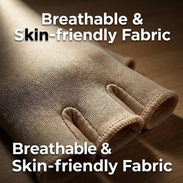 Close-up of a tan, breathable and skin-friendly fabric glove on a hand.