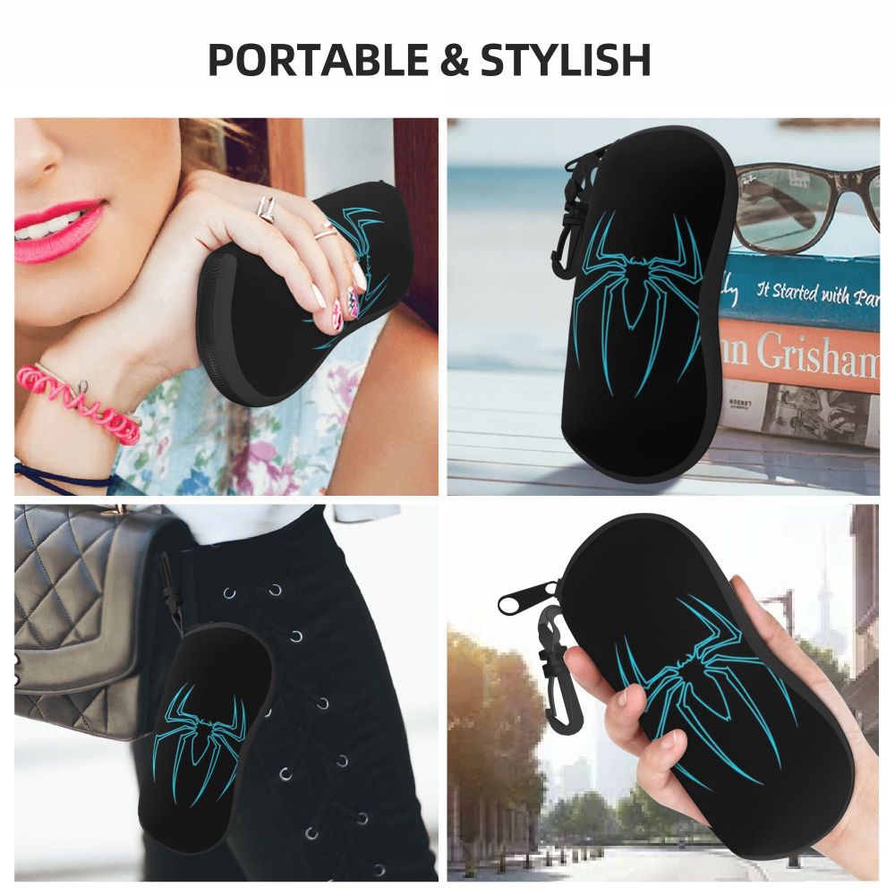 A black silicone pouch shaped like a spider web is shown in various contexts, including on a person's hand and inside a leath