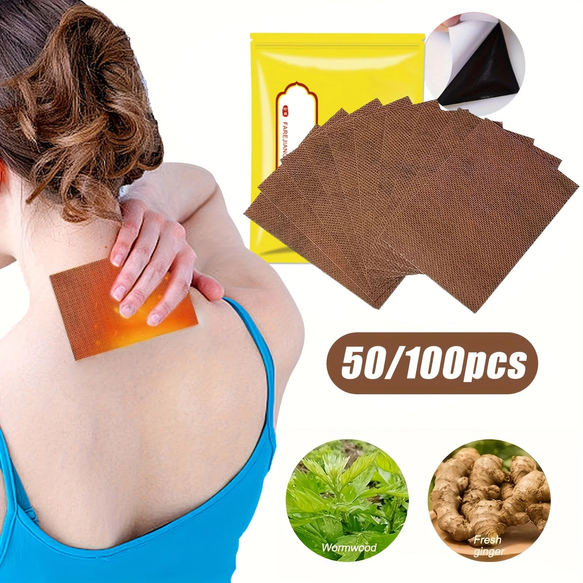 A hand applies a brown heating patch to the back of a person's neck, next to a yellow package and loose patches.