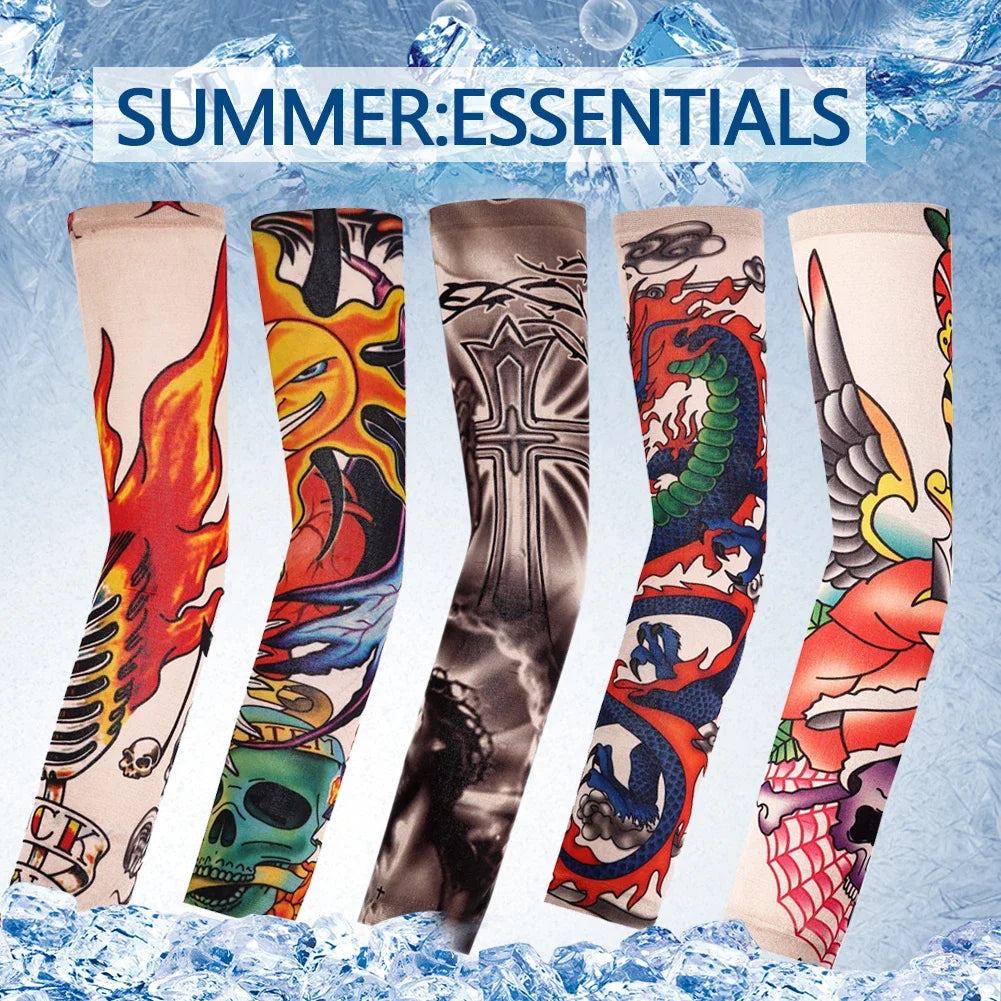 A collection of summer essential reusable stretch tattoo arm sleeves featuring various colorful and detailed designs.