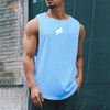 A muscular man wearing a light blue sleeveless sports tank top with a white stripe logo.
