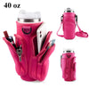 A pink versatile water bottle carrier bag holding a tumbler and a smartphone.
