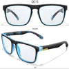 Front view of black photochromic square sunglasses with blue accents, shown at a 45-degree angle.