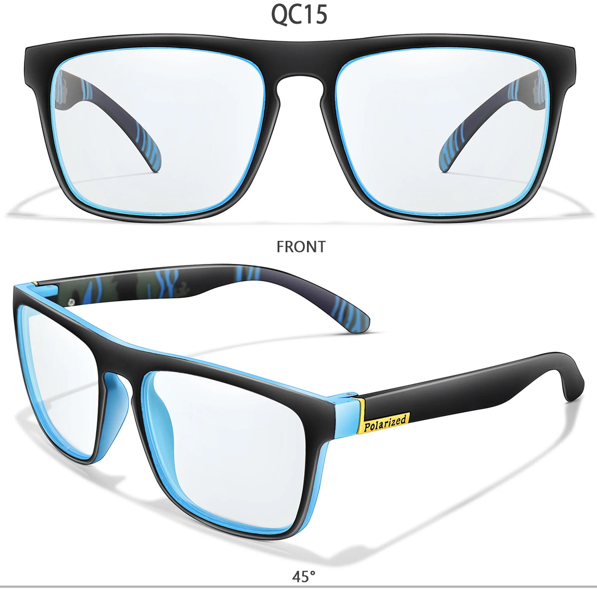 Front view of black photochromic square sunglasses with blue accents, shown at a 45-degree angle.
