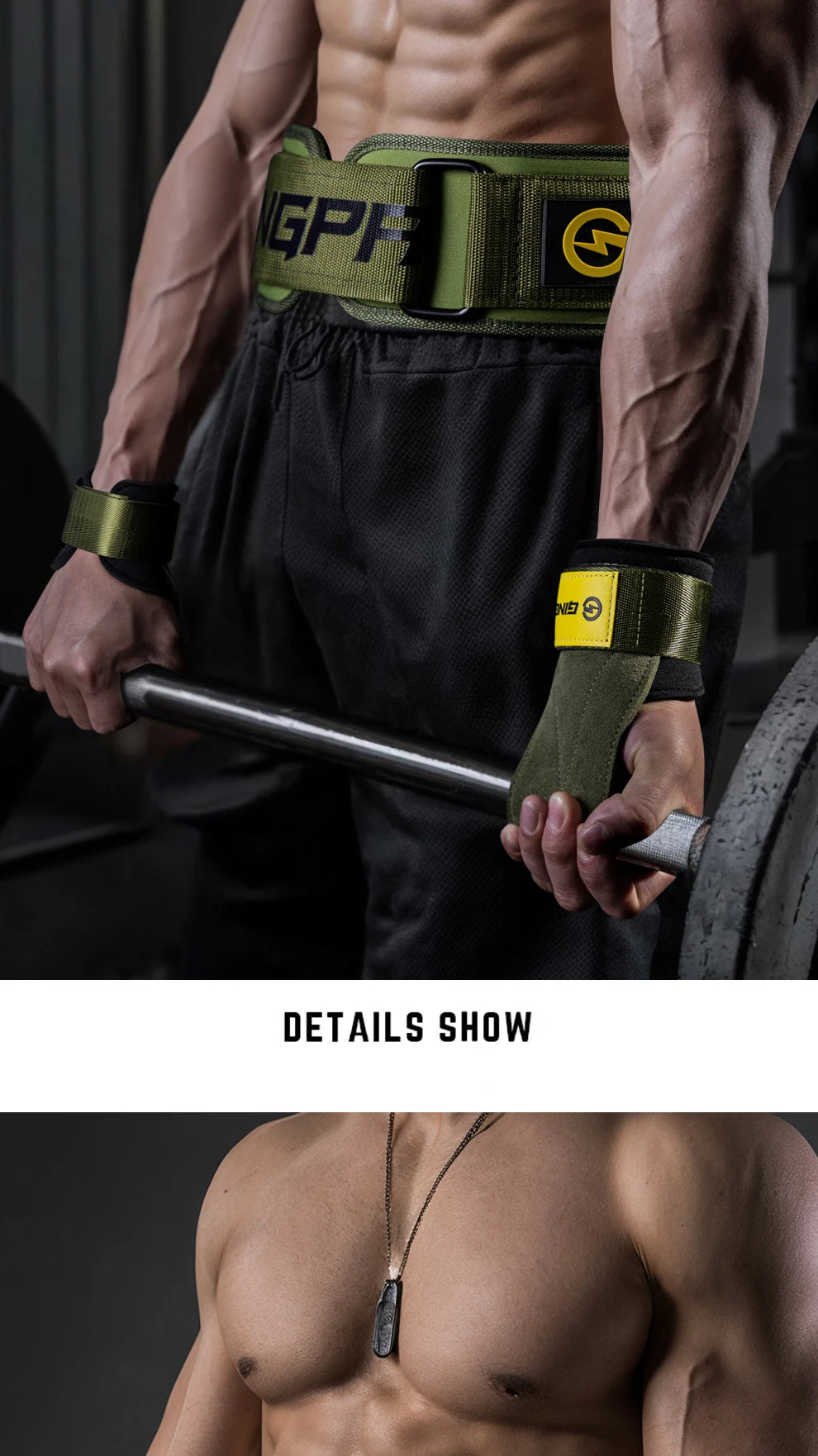 A muscular person wearing a green fitness lifting belt is holding a barbell.