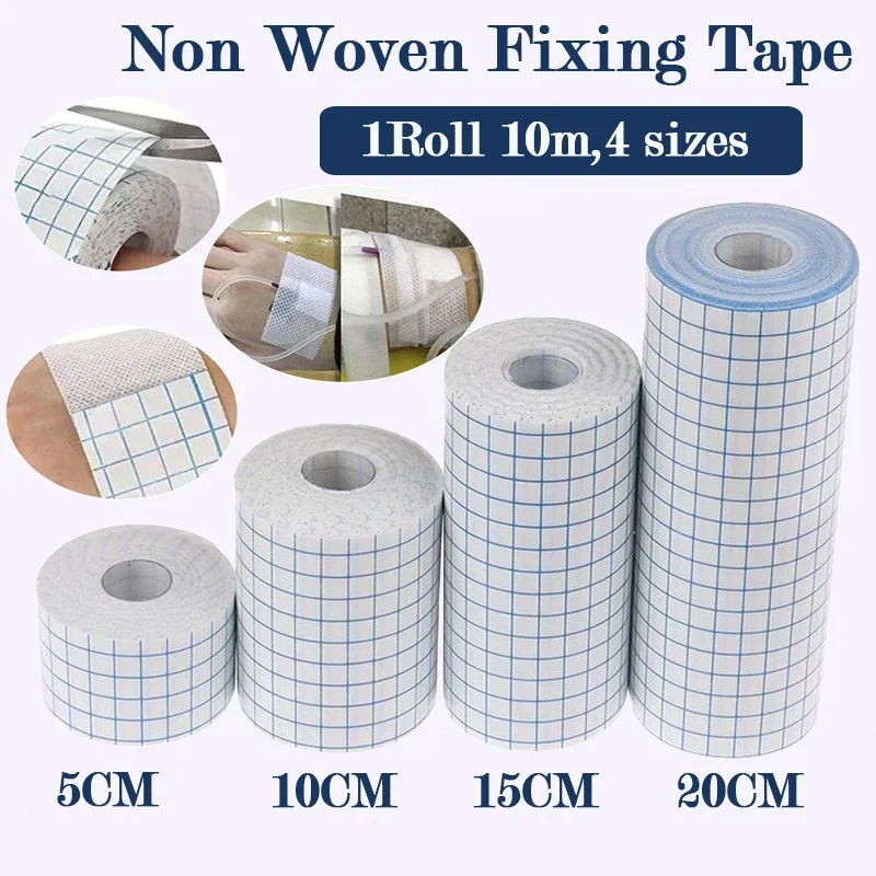 Rollos de cinta adhesiva no tejida en varios tamaños, incluyendo 5cm, 10cm, 15cm y 20cm.