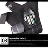 A black tactical glove with a removable battery compartment and a separate battery component.