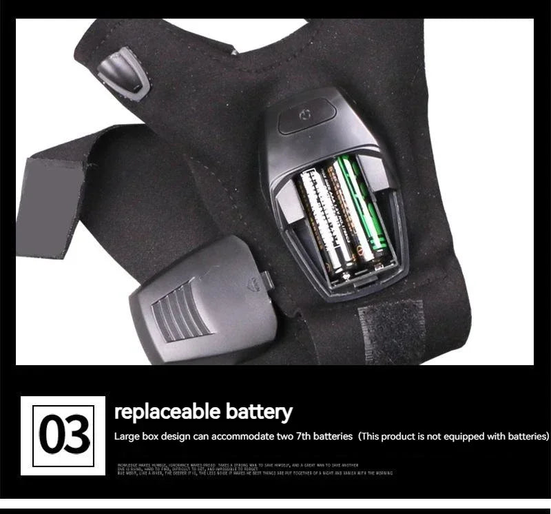 A black tactical glove with a removable battery compartment and a separate battery component.