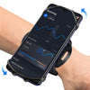 A black rotating phone wrist strap is shown wrapped around a person's wrist, displaying fitness tracking data on the phone sc