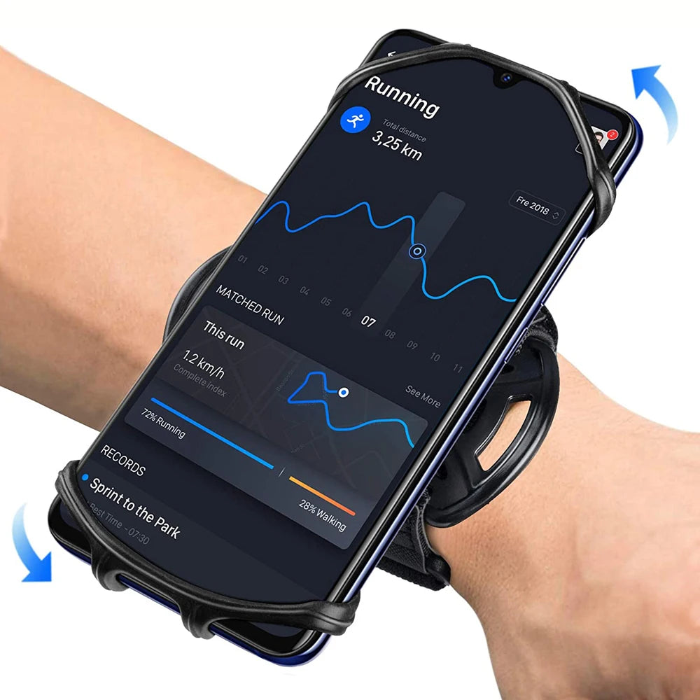 A black rotating phone wrist strap is shown wrapped around a person's wrist, displaying fitness tracking data on the phone sc