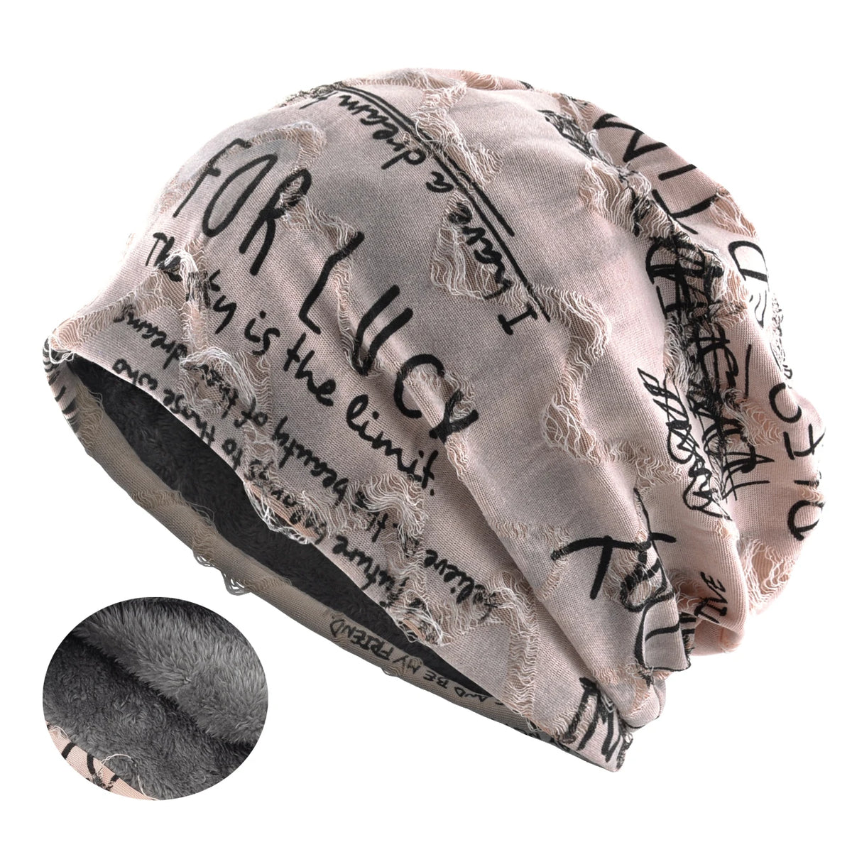 Vintage Letter Print Beanie Hat with Fleece Lining