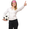 A woman wearing a pink sports headband and a white zip-up jacket gives a thumbs up.