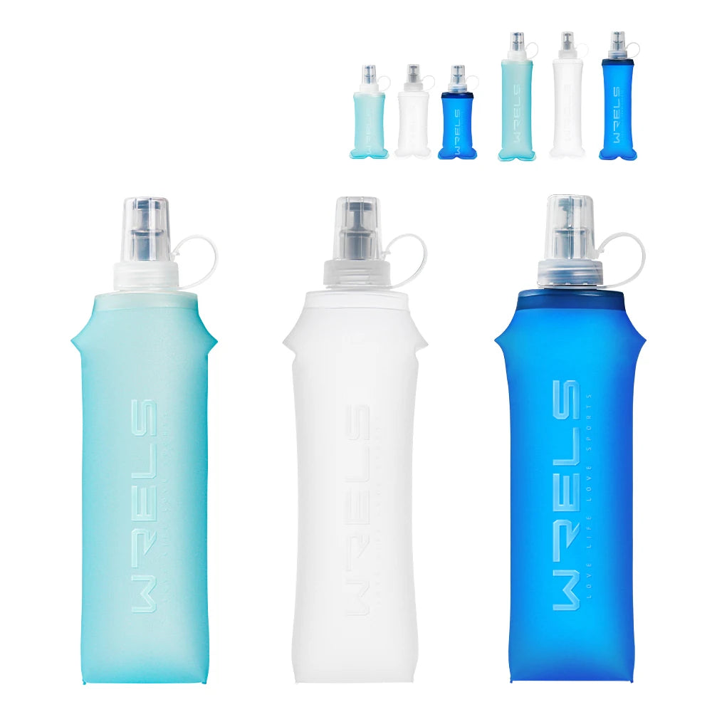 A collection of silicone hydration flasks in various shades of blue and clear, including a large teal flask and several small