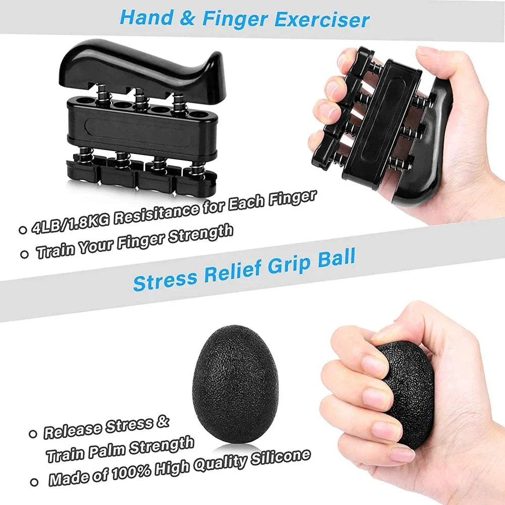 Set aus schwarzen Hand- und Finger-Trainern sowie einer Stressball-Griff aus Silikon zur Stärkung von Hand und Palm.