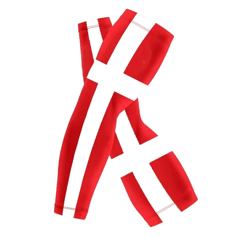 Red and white striped arm sleeves for sports and sun protection